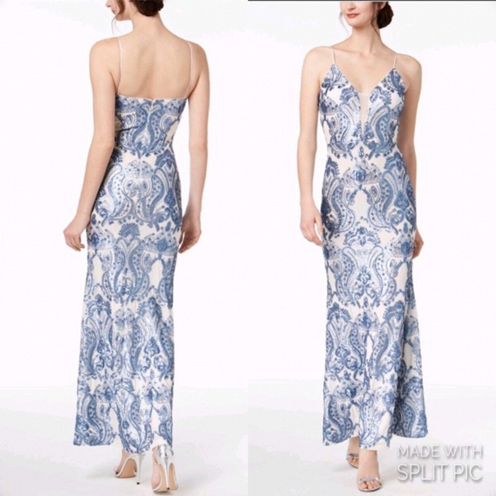 Betsy and Adam Blue and white sequin prom dress